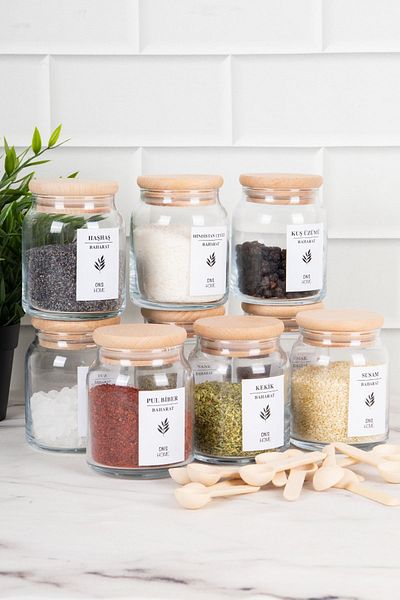 DNS HOME 9-Piece Wooden Vacuum Lid Glass Spice Jar Set with 9 Spice Spoons and Spice Label 300ml