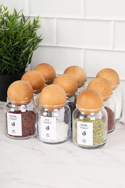 DNS HOME 9-Piece Glass Spice Bowl Set with Wooden Ball Lid Glass Jar Set with Label Storage Container Spice Bowl 300ml