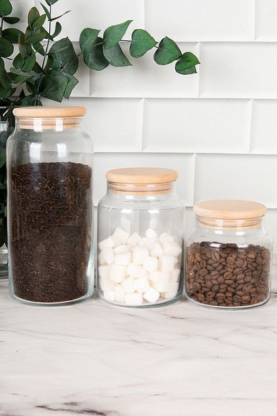 DNS HOME 3-Piece Glass Jar Set Wooden Vacuum Lid Storage Container Spice Jar Set 1300 - 800 - 500 ml