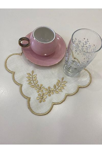 İNCİ ÇEYİZ 6 Pieces of Linen Fabric Embroidered Coffee Side Cocktail Napkin & Coasters