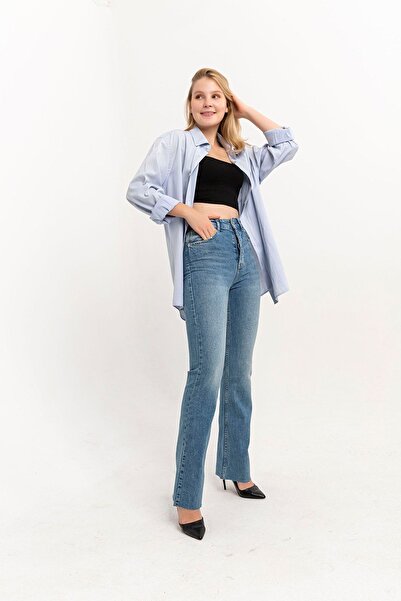 Darkly Jeans Blugi de damă albaștri cu talie înaltă, slim flare fit