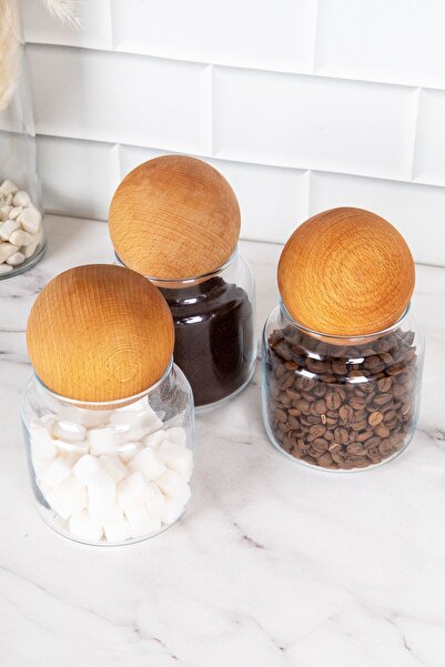 DNS HOME 3-Piece Glass Jar Set with Wooden Ball Lid Storage Container Spice Jar Pulses Set 500 ml