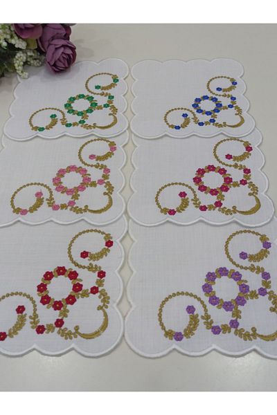 İNCİ ÇEYİZ 6 Different Color Linen Fabric Daisy Patterned Embroidered Coffee Side Cocktail Napkin & Coasters.