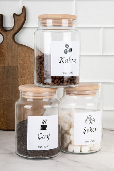 DNS HOME 3-Piece Wooden Vacuum Lid Tea Sugar Coffee Labeled Storage Container Glass Jar 800 Ml