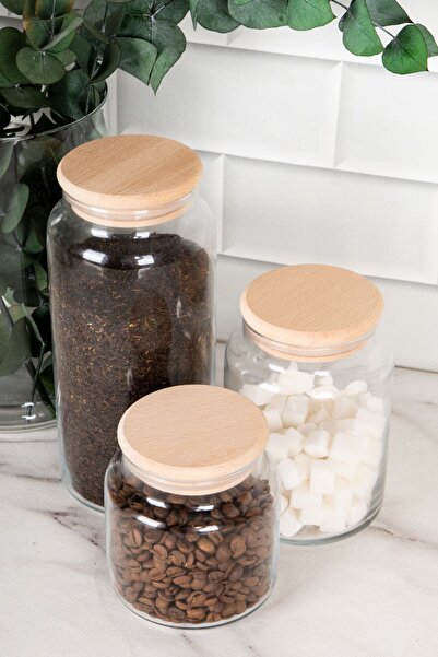 DNS HOME 3-Piece Glass Jar Set Wooden Vacuum Lid Storage Container Spice Jar Set 1300 - 800 - 500 ml