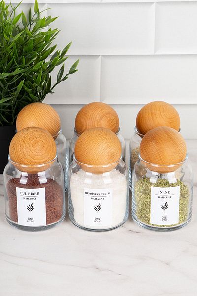 DNS HOME 6-Piece Glass Spice Jar Set with Wooden Ball Lid Glass Jar Set with Label Storage Container Spice Rack 300ml