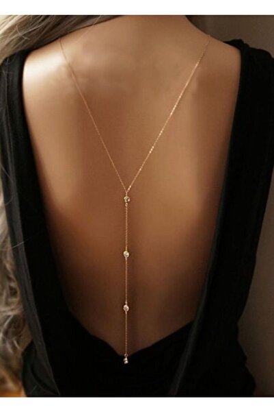 MisBoho Kararmaz Altın Renk Kristal Taşlı Sırt Kolyesi