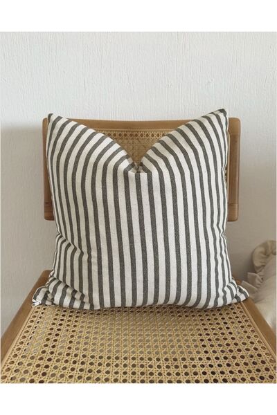 HOME ART ATELIER غطاء وسادة بوهيمي - كتان مغسول، رمادي مخطط