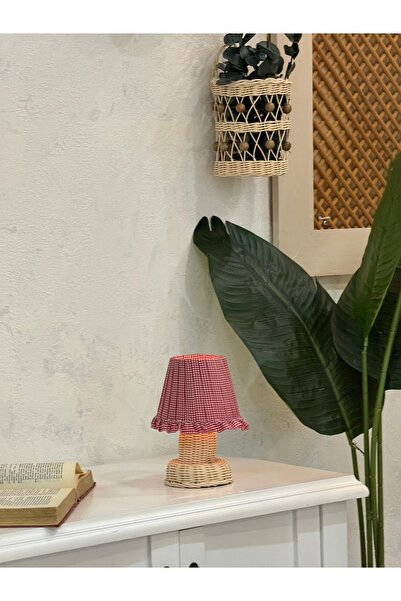 Maison Avf Kırmızı Pötikare Desen Kumaş Rattan Ayaklı Kablosuz Gece Masa Lambası