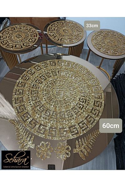 SEHARA طقم غطاء طاولة القهوة - عداء متوسط 60 سم، غطاء متداخل 33 سم، إجمالي 4 قطع، ذهبي لامع