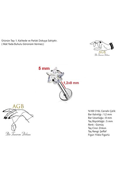 agbtasarım Zirkon Taşlı dudak, Burun, Kulak "medusa", "labret", "nose" Yıldız...