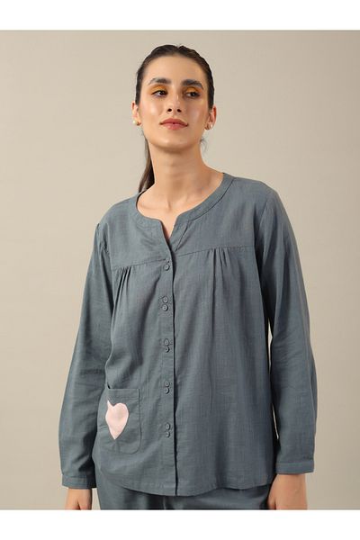 Sanskrutihomes By Styli Heart Print Pocket Detail Cotton Slub Shirt and Pyjama Set