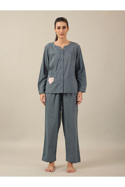 Sanskrutihomes By Styli Heart Print Pocket Detail Cotton Slub Shirt and Pyjama Set
