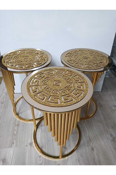 SEHARA Sehpa Örtü Seti/ 1ad (60CM)lik Orta Sehpa Runnerı,3 Ad.(33CM)zigon Örtüsü/toplam 4 Parça/simli Gold