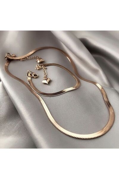 Çelik Yassı Rose Italyan Zincir Ve Bileklik Set