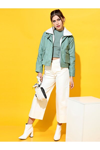 Tokyo Talkies By Styli Faux Fur Lining Cropped Biker Jacket