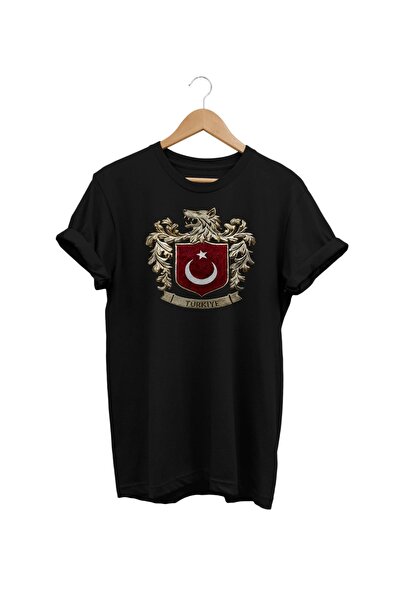WİDİ Türkiye Gray Wolf Symbol and Flag Wolf Printed Regular Fit Cotton T-Shirt