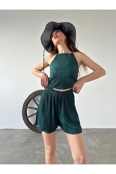 Fav Style Emerald Green Pleated Set - Halter Blouse and Shorts