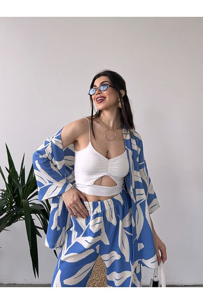 Fav Style Blue Patterned Kimono Women's Trousers Set