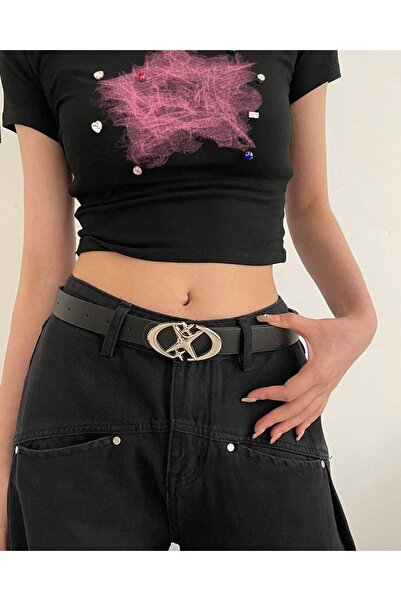Aksabeltchokers 3.5 cm gümüş renk yıldız tokalı kadın pantolon kemeri