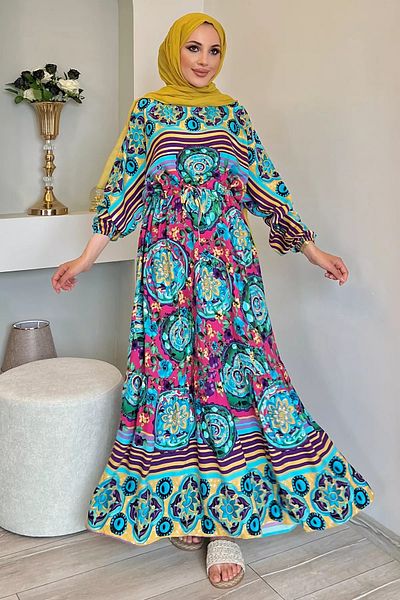 julude Rochie modestă din viscoză Mavifujya - mânecă liliac și model legat în talie
