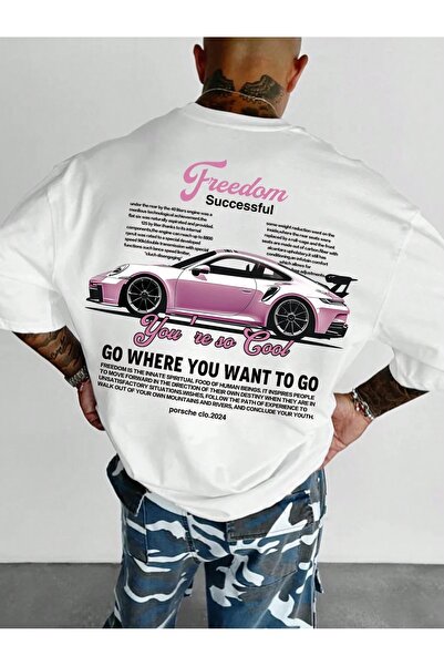 over head oh Tricou oversize pentru bărbați cu imprimeu Freedom Car alb