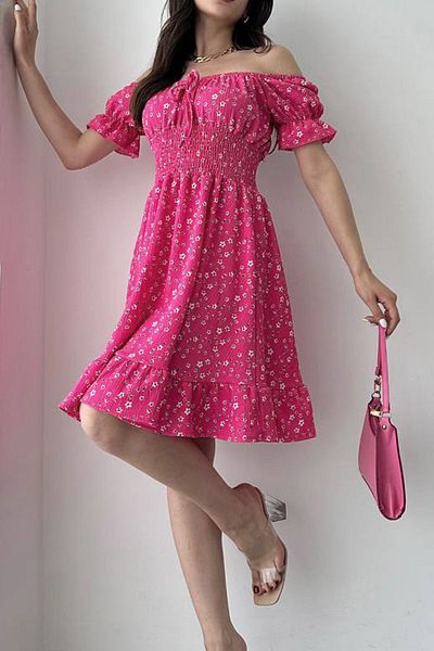MILANOFOX Rochie cu mânecă cu balon, cu umăr deschis, cu imprimeu floral - Wrap cu guler pătrat