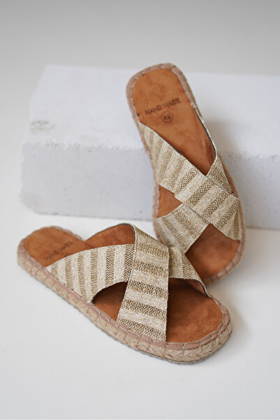 Ayakkabı Ateşi Men's Cross Beige Straw Slippers