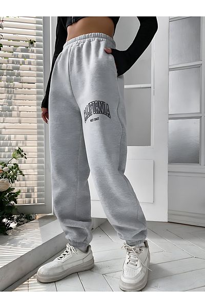 BEETON Καλιφόρνια Jogger Sweatpants - Γκρι εμπριμέ λαστιχένιο πόδι χοντρό ράστερ ψηλόμεσο