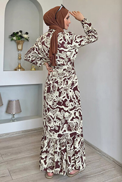 julude Φόρεμα Viscose Hijab - Καφέ στάμπα, φύλλο μέσης και βολάν