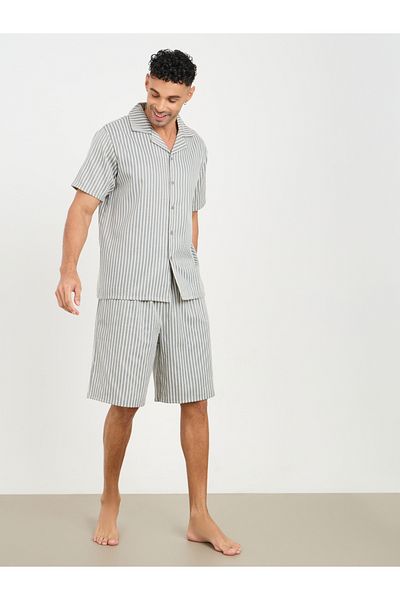 Styli Striped Collar Shirt and Short Set