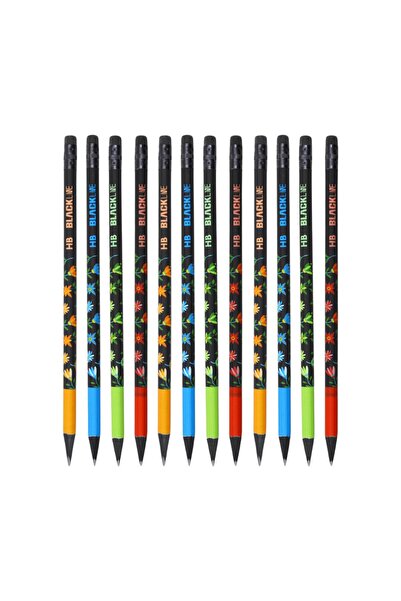 Adel Blackline 12 Pieces Floral Patterned Round HB Pencil with Eraser