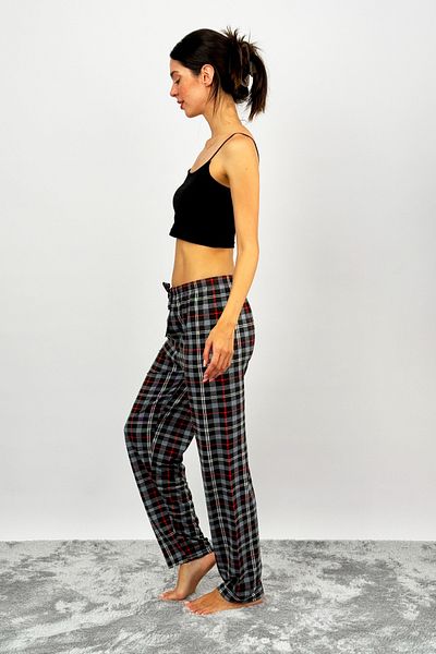 Betimoda Women's Cotton Plaid Pattern Sleepwear Sweatpants with Ribbon New Black Gray