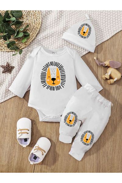 bebekpare Cotton Lion Patterned Bodysuit and Bodysuit Set for Baby Boy