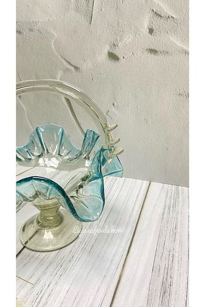 Liya Ruffle Basket Cup Holder Fruit Bowl Blown Glass Model 20 Cm Turquoise