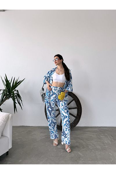 Fav Style Blue Patterned Kimono Women's Trousers Set