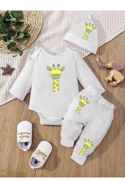 bebekpare Cotton Giraffe Printed Baby Bodysuit and Bodysuit Set