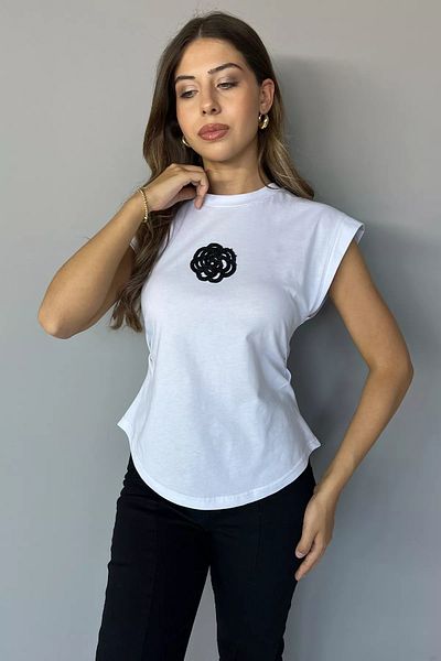 GÜLSELİ Tricou alb de damă cu mărgele brodate cu gât crew - cu garnituri laterale