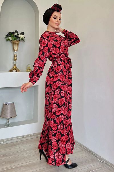 julude Red Viscose Hijab Dress - Patterned, Ruffled and Waist Belted