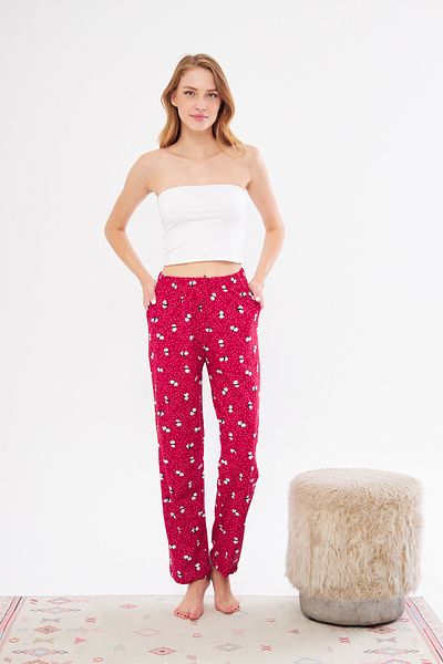 Berrak Pantaloni de pijama de damă din bumbac cu imprimeu panda roșie - Single subțire și elegant