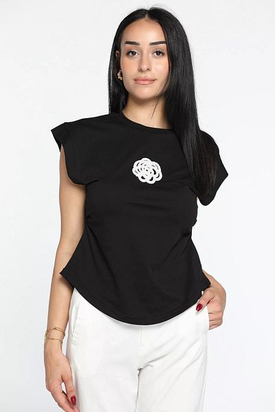 GÜLSELİ Tricou negru pentru damă, cu mărgele brodate pe laterale - Decolteu