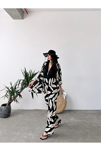 Fav Style Black Kimono Pants and Top Set - Women's Patterned