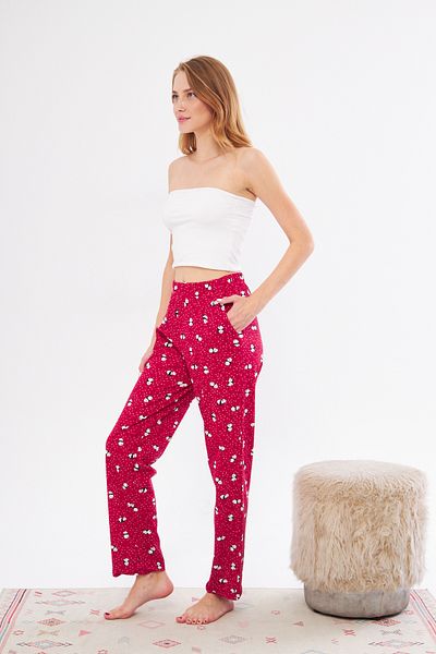Berrak Pantaloni de pijama de damă din bumbac cu imprimeu panda roșie - Single subțire și elegant