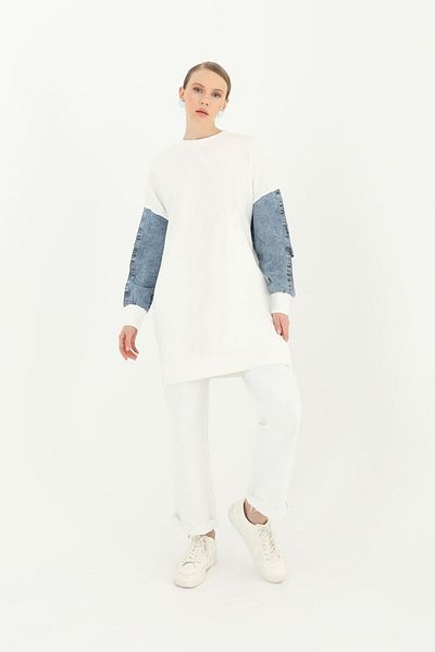 Puane Women's Two Thread Sleeves Gathered Denim Detailed Tunic/sweat 10410