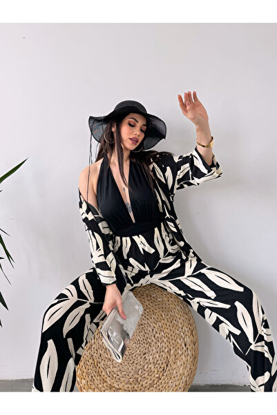 Fav Style Black Kimono Pants and Top Set - Women's Patterned