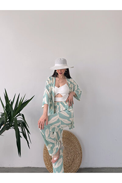 Fav Style Mint Colored Patterned Kimono Women's Trousers Set