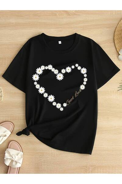 GALASHOP Plus Size Çiçek Kalp Baskılı Büyük Bedenli  T-Shirt