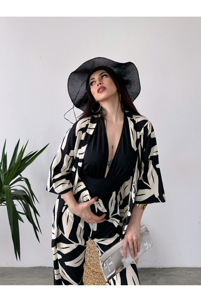 Fav Style Black Kimono Pants and Top Set - Women's Patterned