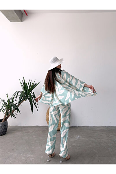 Fav Style Mint Colored Patterned Kimono Women's Trousers Set