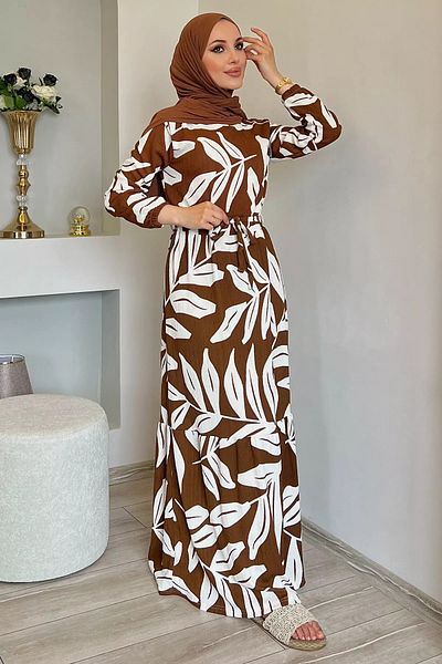 julude Patterned Lycra Hijab Dress - Brown, Waist Belted